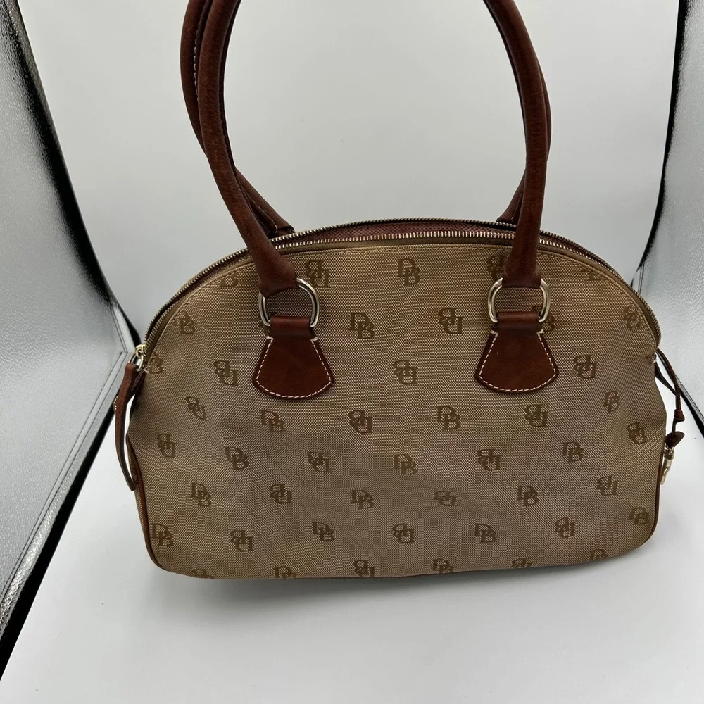 Dooney & Bourke Satchel Women Medium Tan Monogram Canvas Leather Trim Dome Bag
